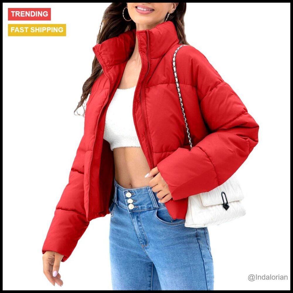 Cropped Quilted Puffer Jacket Winter Outerwear Coat Full Zipper Padded